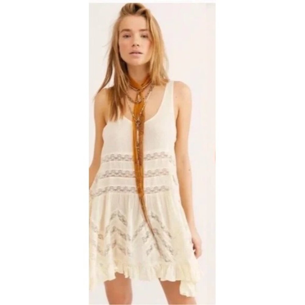 Free People White Voile & Lace Trapeze Slip Dress | Boho Cottagecore Grunge M - Picture 11 of 16